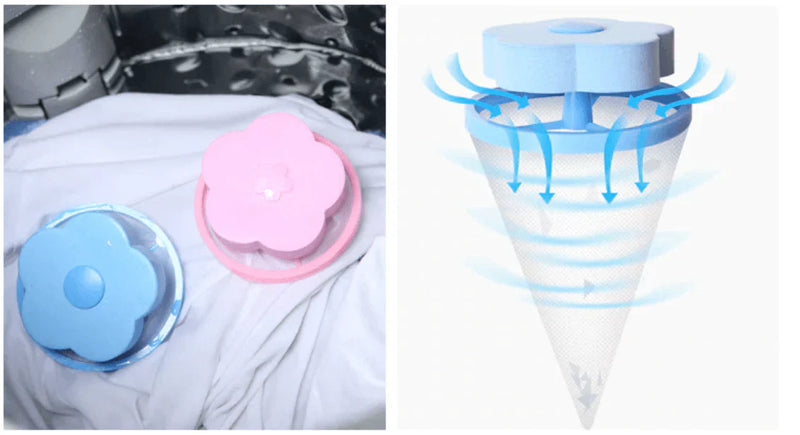 Blauer und rosa Tierhaarfänger für Waschmaschine, Kunststoff, effizienter Fusselentferner.