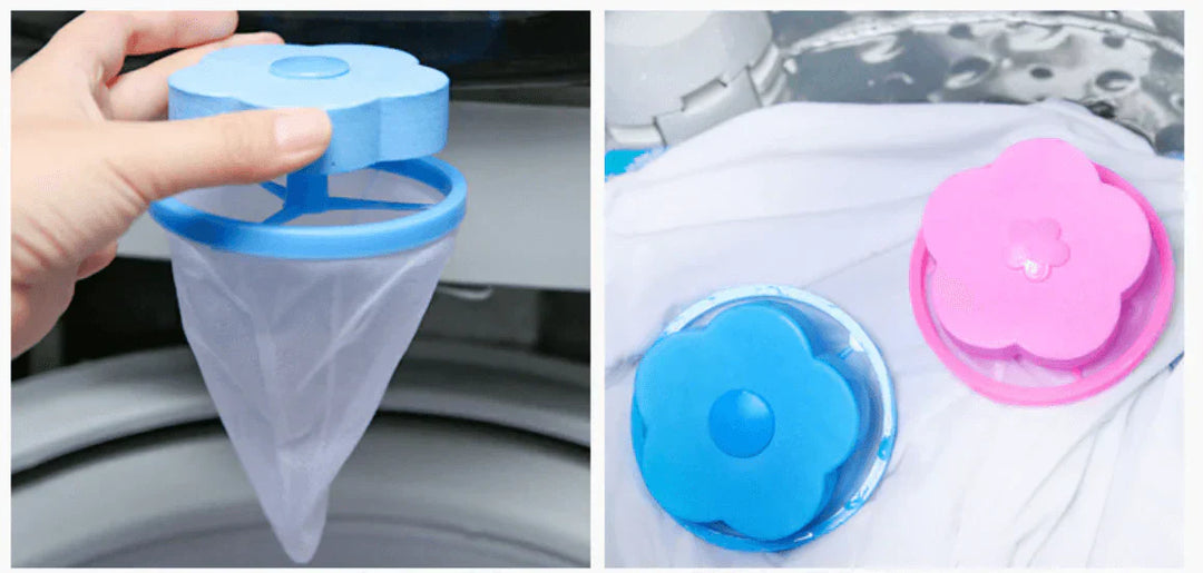 Blauer und rosa Tierhaarfänger für Waschmaschine, Kunststoff, wiederverwendbar, effizient.