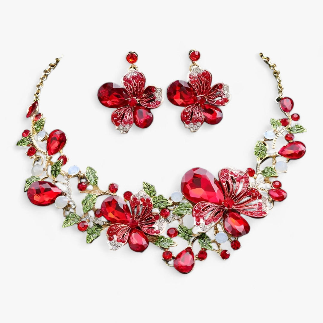Rotes Blumen-Schmuckset, Halskette und Ohrringe, Kristallsteine, elegantes Design.