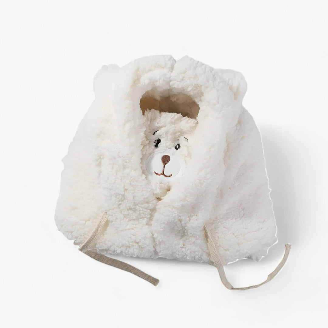 Weißer Plüsch-Bärenschal, flauschig, warm, Kinderaccessoire, Wintermode, Geschenkidee.