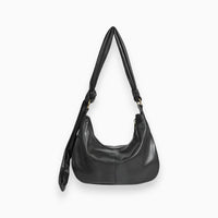 Schwarze Lederhandtasche mit Schulterriemen, modisch, elegant, Damenaccessoire.