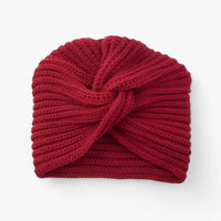 Rote gestrickte Damen-Turbanmütze aus Wolle, modisches Accessoire für Herbst und Winter.