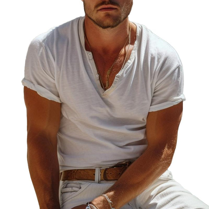 Casual Henley-Kragen Henley T-Shirt mit kurzen Ärmeln – Nico