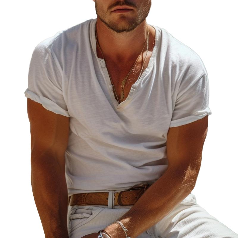 Casual Henley-Kragen Henley T-Shirt mit kurzen Ärmeln – Nico