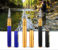 Mini Angelset in Gold und Blau, tragbar, ideal für Reisen und Angeln, kompakt und leicht.