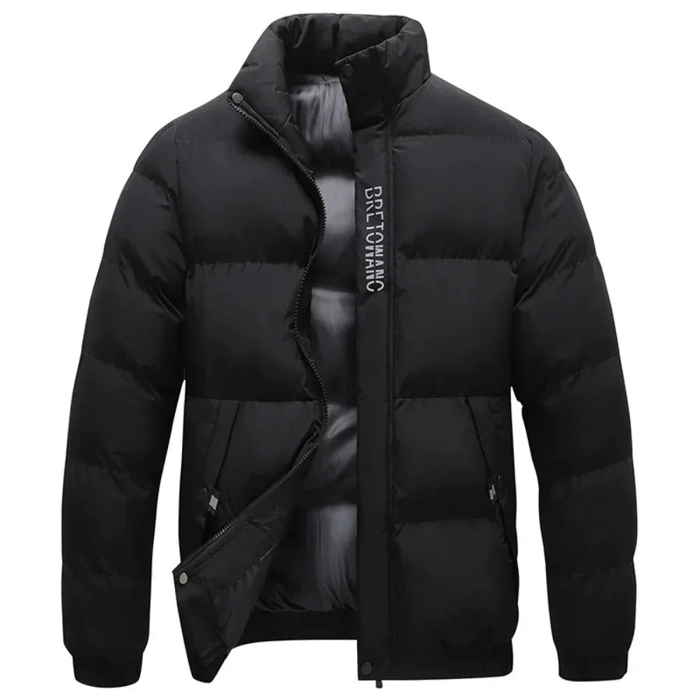 Schwarze Daunenjacke Herren, warm, Reißverschluss, Wintermode, Outdoor-Bekleidung.