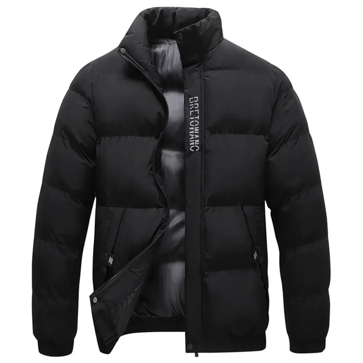 Schwarze Daunenjacke Herren, warm, Reißverschluss, Wintermode, Outdoor-Bekleidung.