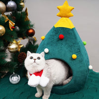 Katzenspielzeug Weihnachtsbaum-Höhle, grün, Plüsch, mit bunten Kugeln, für Katzen.