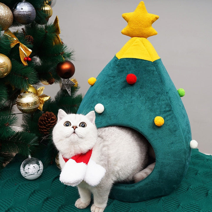 Katzenspielzeug Weihnachtsbaum-Höhle, grün, Plüsch, mit bunten Kugeln, für Katzen.