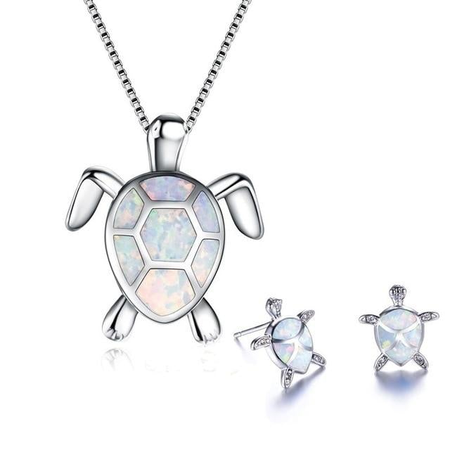 Silberne Schildkröten-Halskette und Ohrringe mit Opal-Einlage, Schmuckset für Damen.