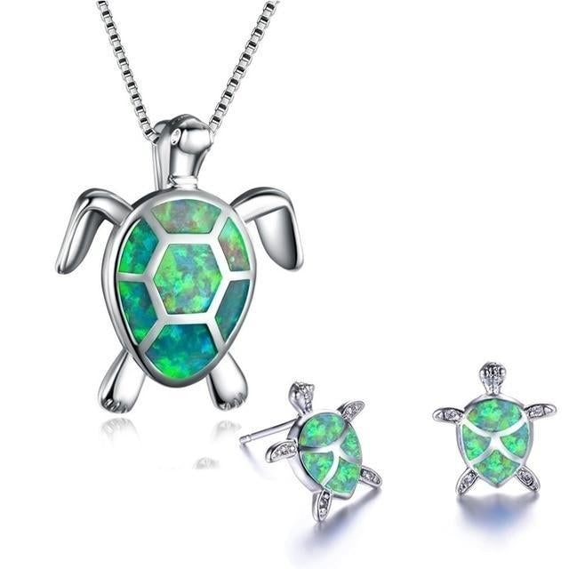 Silberne Schildkröten-Halskette und Ohrringe mit grünem Opal, Schmuckset für Damen.