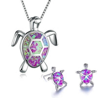 Silberne Schildkröten-Halskette und Ohrringe mit lila Opal-Einlage, Schmuckset.