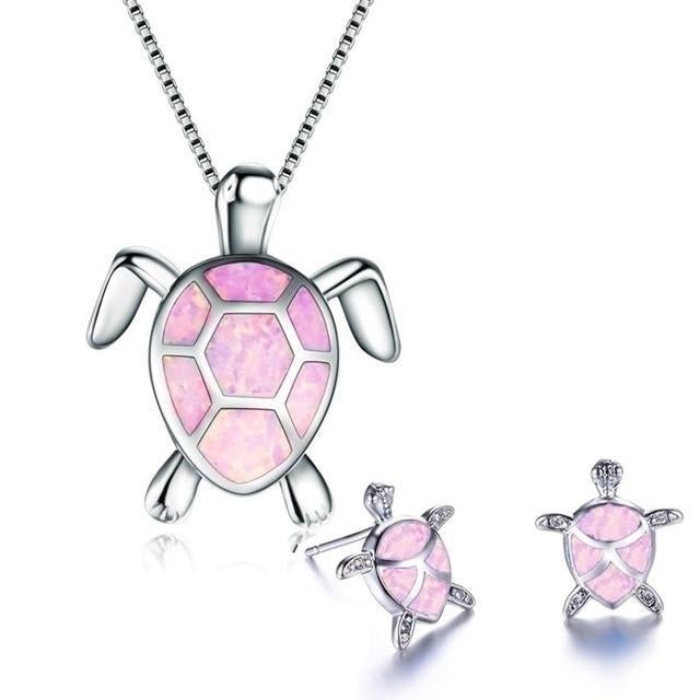 Silberne Schildkrötenkette und Ohrringe mit rosa Opal-Einlage, Schmuckset für Damen.
