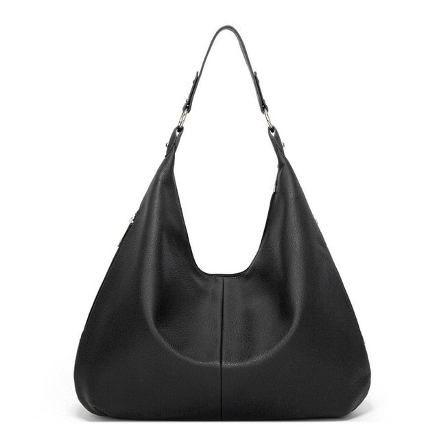 Schwarze Lederhandtasche, modisch, Hobo-Stil, Damenaccessoire, elegant, vielseitig.