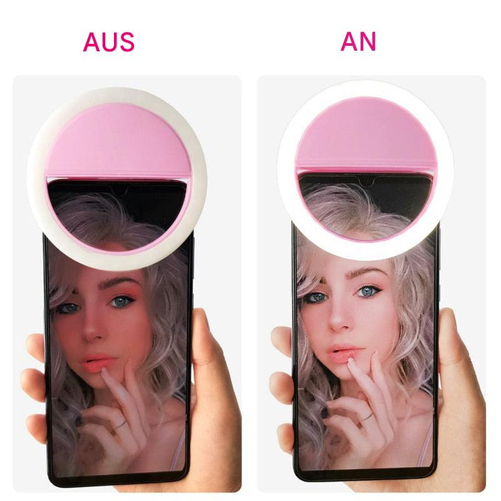 Rosa Selfie-Ringlicht für Smartphone, tragbar, LED-Beleuchtung, Fotografie-Zubehör.