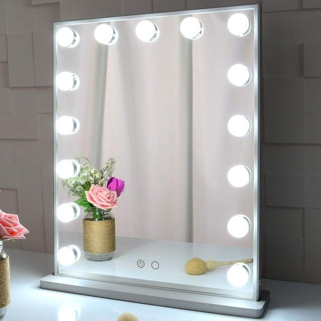 LED-Schminkspiegel mit Beleuchtung, rechteckig, Tischmodell, ideal für Make-up, silberfarben.