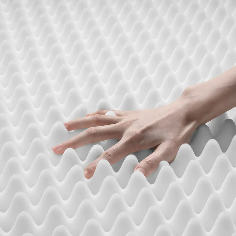 Hand drückt auf weiße, wellige Matratzenauflage aus Schaumstoff für optimalen Schlafkomfort.