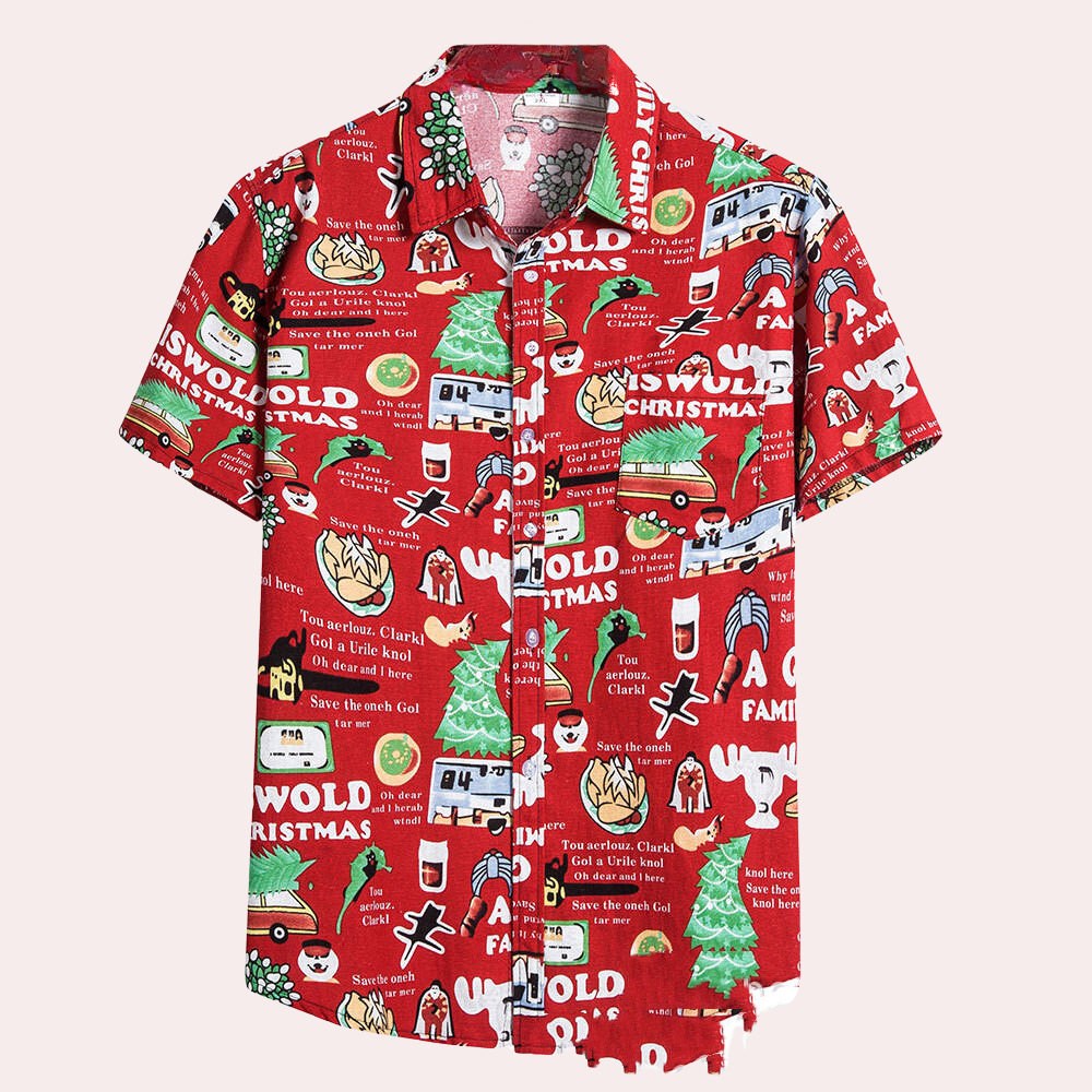 Rotes Weihnachtshemd mit buntem Print, kurzärmelig, Baumwolle, festlich, Herrenmode.