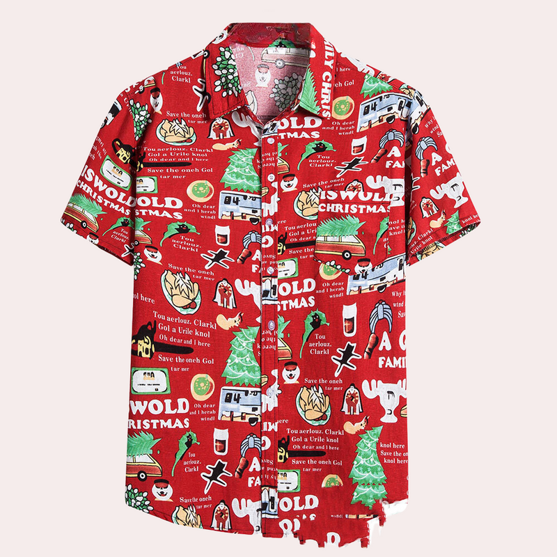 Rotes Weihnachtshemd mit buntem Print, kurzärmelig, Baumwolle, festlich, Herrenmode.