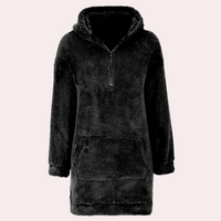 Schwarzer Fleece-Hoodie-Kleid mit Reißverschluss, kuschelig, warm, Damenmode, Winterbekleidung.