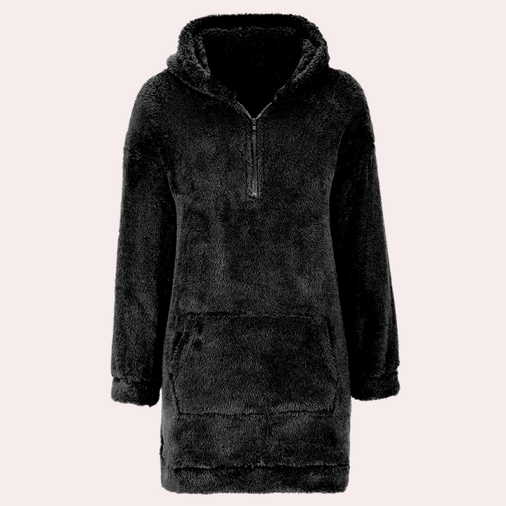 Schwarzer Fleece-Hoodie-Kleid mit Reißverschluss, kuschelig, warm, Damenmode, Winterbekleidung.