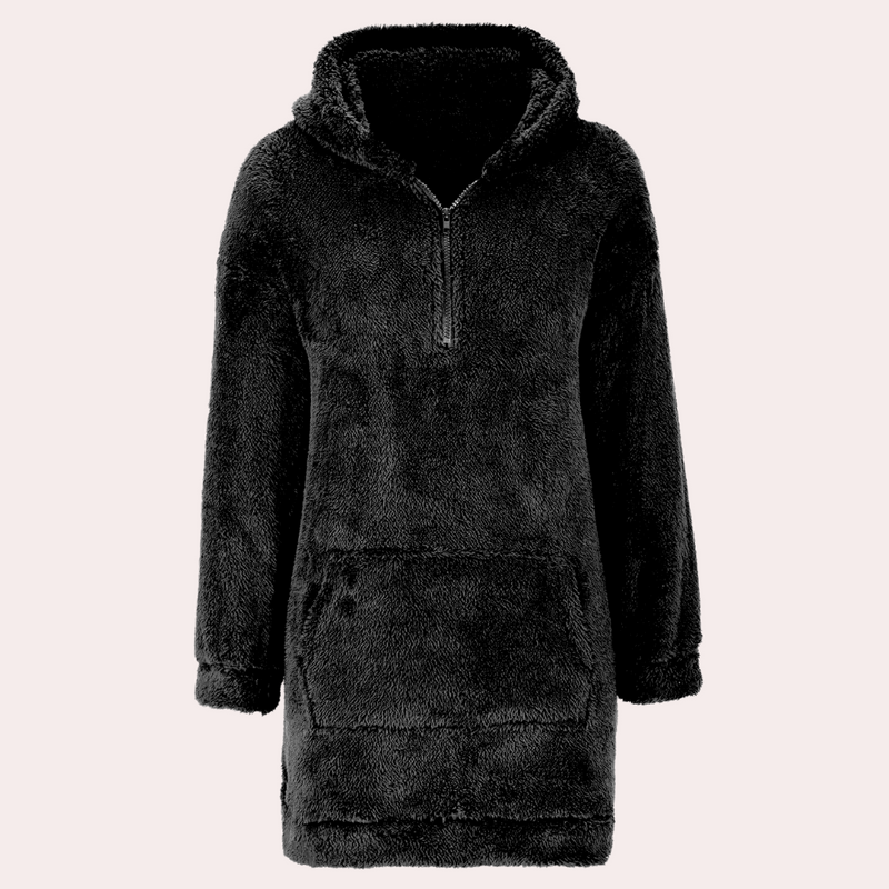 Schwarzer Fleece-Hoodie-Kleid mit Reißverschluss, kuschelig, warm, Damenmode, Winterbekleidung.
