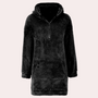 Schwarzer Fleece-Hoodie-Kleid mit Reißverschluss, kuschelig, warm, Damenmode, Winterbekleidung.