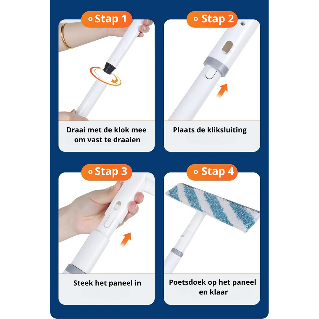 Ramenwisser mit Teleskopstange, blau-weiß, Schritt-für-Schritt-Anleitung, Fensterreinigung.