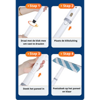 Ramenwisser mit Teleskopstange, blau-weiß, Schritt-für-Schritt-Anleitung, Fensterreinigung.