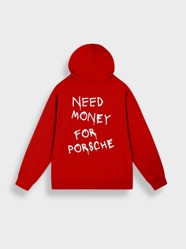 Roter Hoodie mit Aufschrift "Need Money for Porsche", Kapuze, Baumwolle, Unisex-Mode.