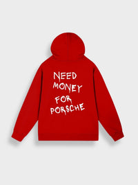 Roter Hoodie mit Aufschrift "Need Money for Porsche", Kapuze, Baumwolle, Unisex-Mode.