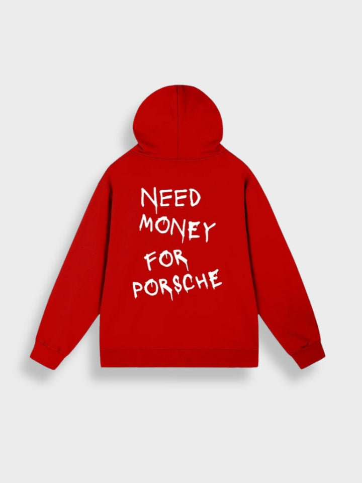 Roter Hoodie mit Aufschrift "Need Money for Porsche", Kapuze, Baumwolle, Unisex-Mode.