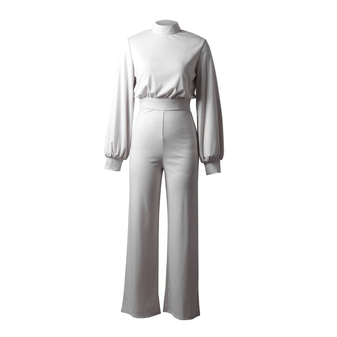 Weißer Jumpsuit mit halbem Kragen, lange Ärmel, elegantes Design, Damenmode