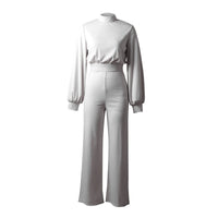 Weißer Jumpsuit mit halbem Kragen, lange Ärmel, elegantes Design, Damenmode