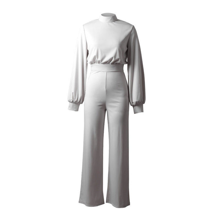 Weißer Jumpsuit mit halbem Kragen, lange Ärmel, elegantes Design, Damenmode