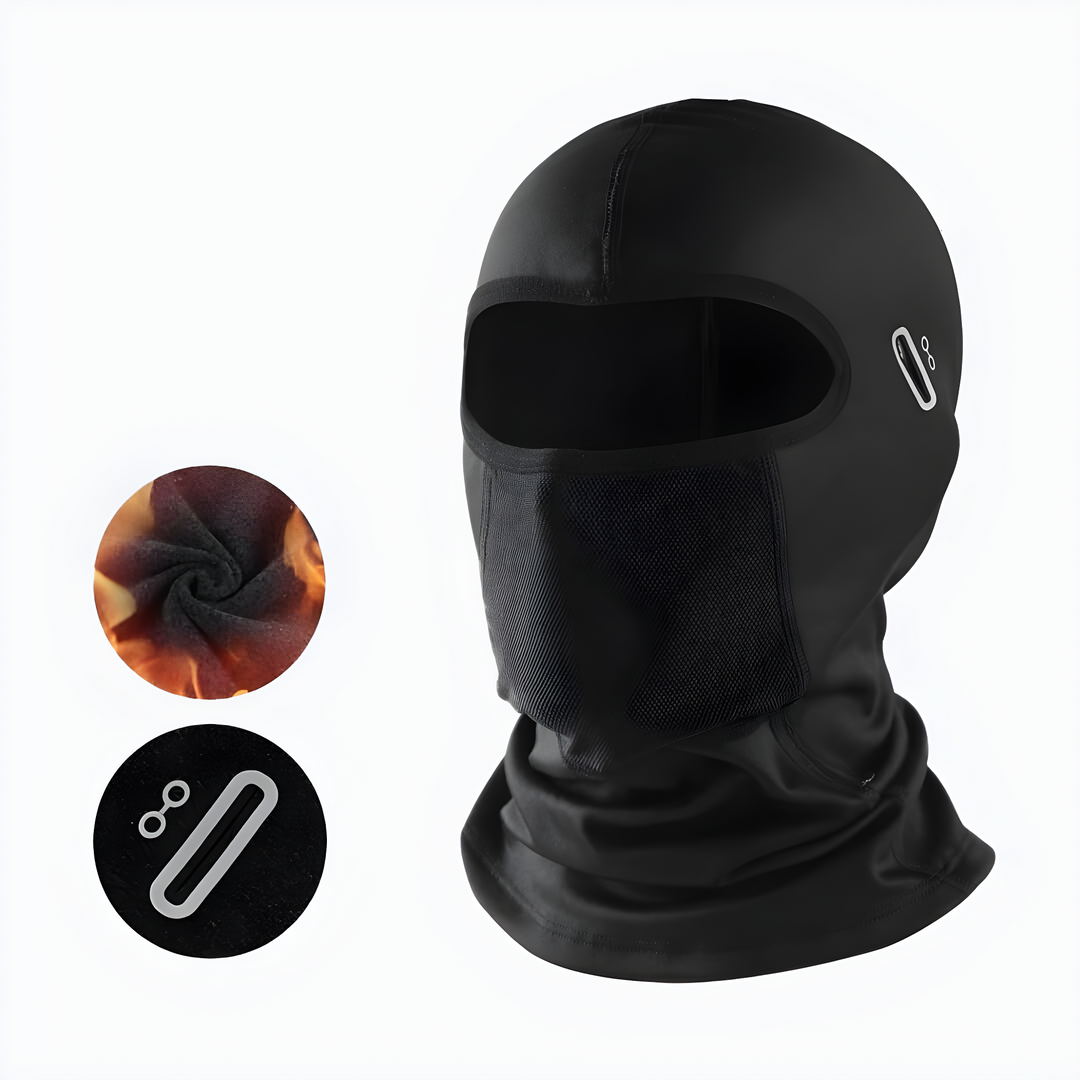 Schwarze Sturmhaube aus atmungsaktivem Material, ideal für Outdoor-Sportarten und Kälteschutz.