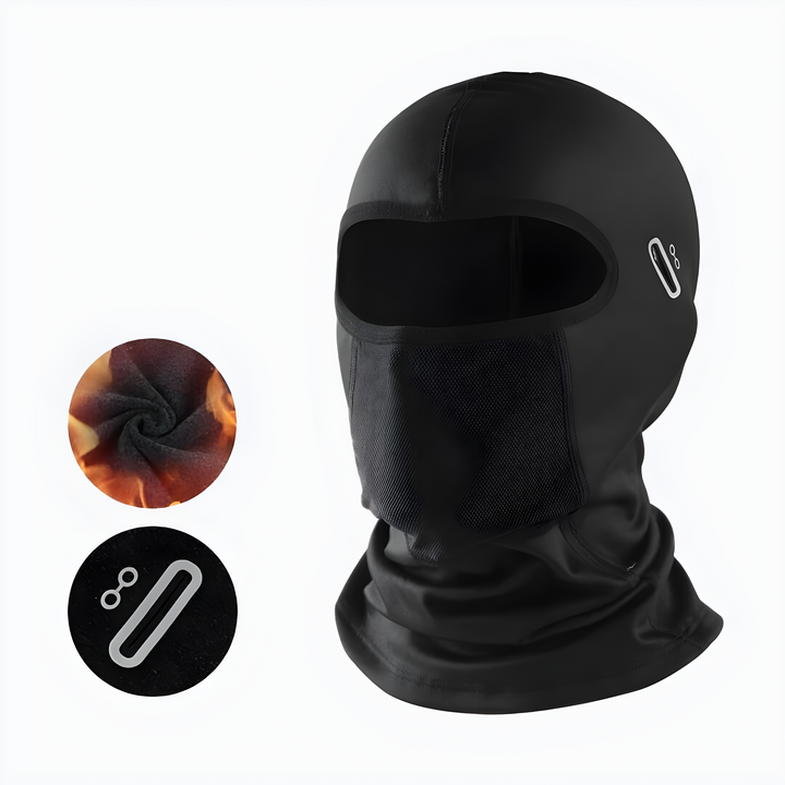 Schwarze Sturmhaube aus atmungsaktivem Material, ideal für Outdoor-Sportarten und Kälteschutz.