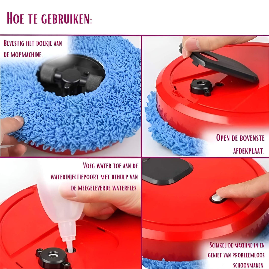 Roter Haushalts-Roboterwischer mit blauem Mopp, Anleitung zur Verwendung, Reinigungsgerät.