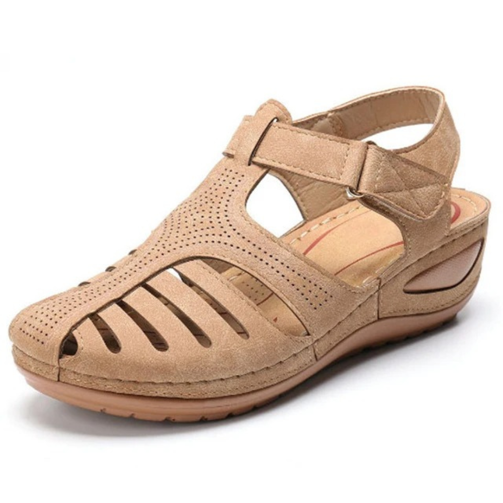 Beige Römersandalen Damen, Leder, bequem, Sommerschuhe, modisch, flach, atmungsaktiv