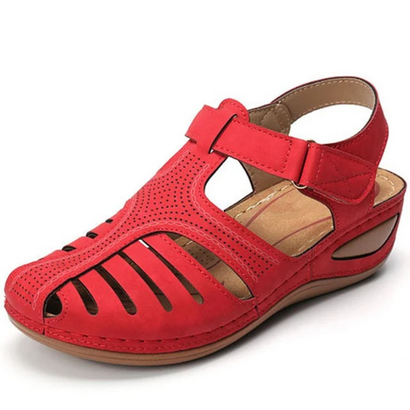 Rote römische Sandalen, Leder, Damen, bequem, Sommerschuhe, modisch, atmungsaktiv.