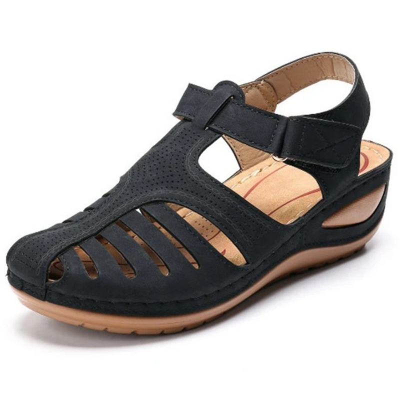 Schwarze römische Sandalen aus Leder, Damen, bequem, Sommerschuhe, modisch.