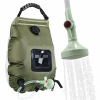 Grüne Camping-Duschtasche mit Duschkopf, 20L, tragbar, solarbeheizt, Outdoor-Aktivitäten.