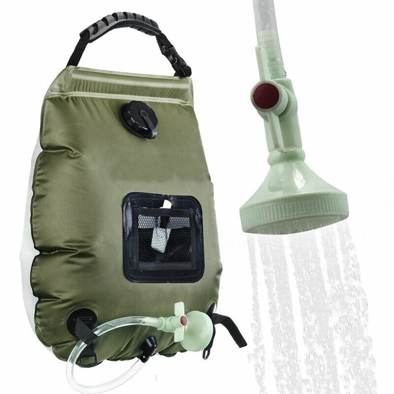 Grüne Camping-Duschtasche mit Duschkopf, 20L, tragbar, solarbeheizt, Outdoor-Aktivitäten.