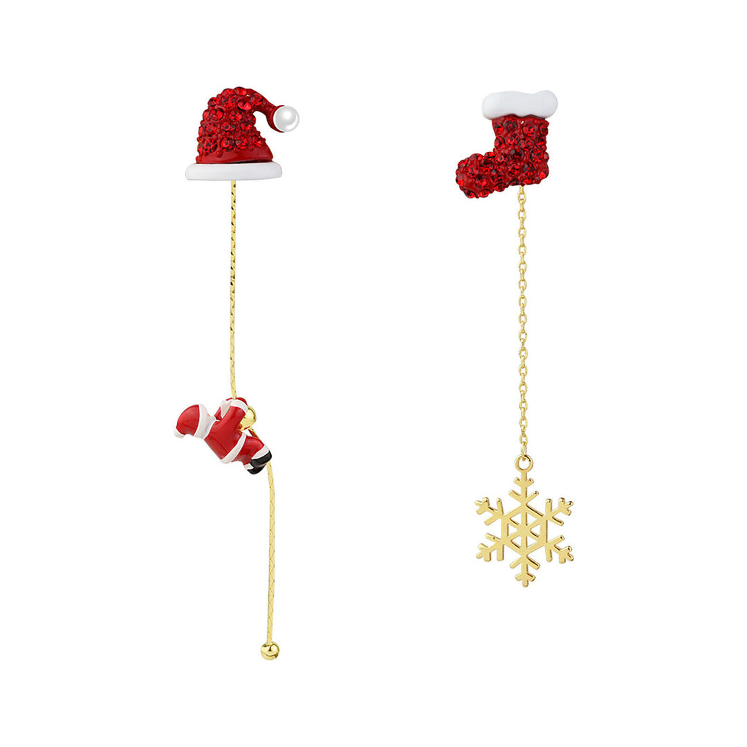 Weihnachtsohrringe mit rotem Santa-Hut und Stiefel, goldene Schneeflocke, festlicher Schmuck.