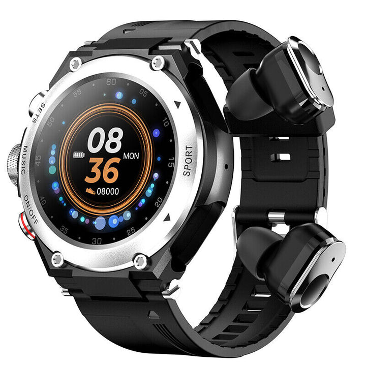 Schwarze Smartwatch mit integriertem kabellosem Kopfhörer, Fitness-Tracker, rundes Display.