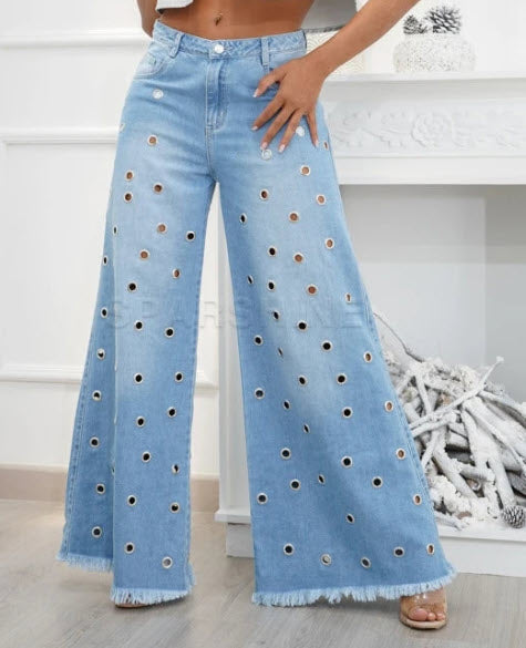 Damen-Jeans mit weitem Bein, hellblau, Löcher, modisch, Fransen, Freizeitkleidung