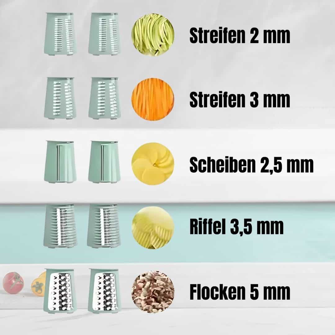 Verschiedene grüne Gemüseschneider-Aufsätze für Streifen, Scheiben, Riffel und Flocken.