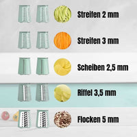 Verschiedene grüne Gemüseschneider-Aufsätze für Streifen, Scheiben, Riffel und Flocken.