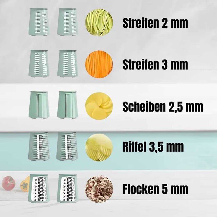 Verschiedene grüne Gemüseschneider-Aufsätze für Streifen, Scheiben, Riffel und Flocken.