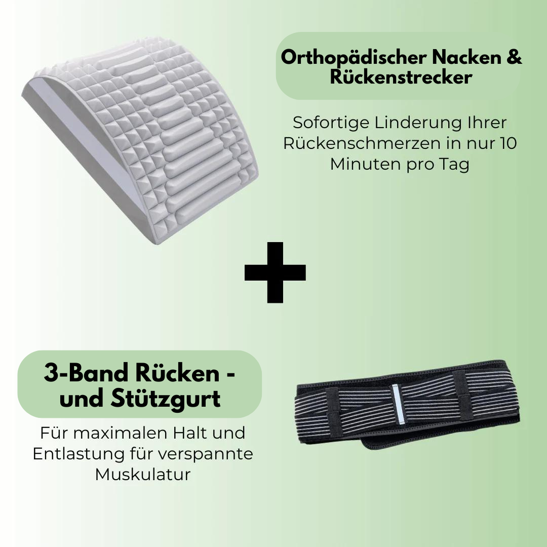 Orthopädischer Nackenstrecker und 3-Band Rückengurt zur Schmerzlinderung und Muskelentlastung.